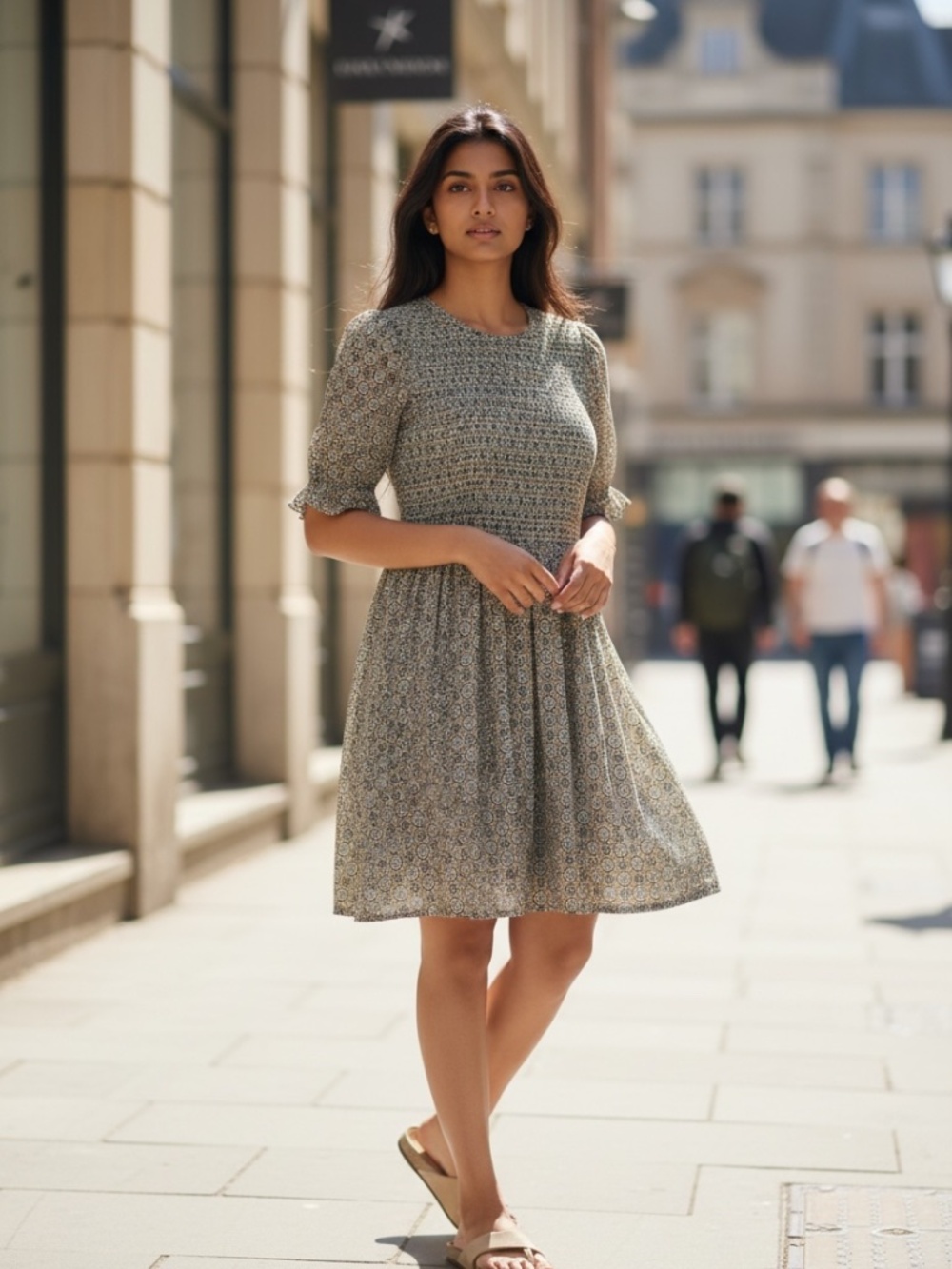 Gal Meets Glam Piper Brown Multi Floral Geometric Smocked Fit & Flare Dress SZ 6